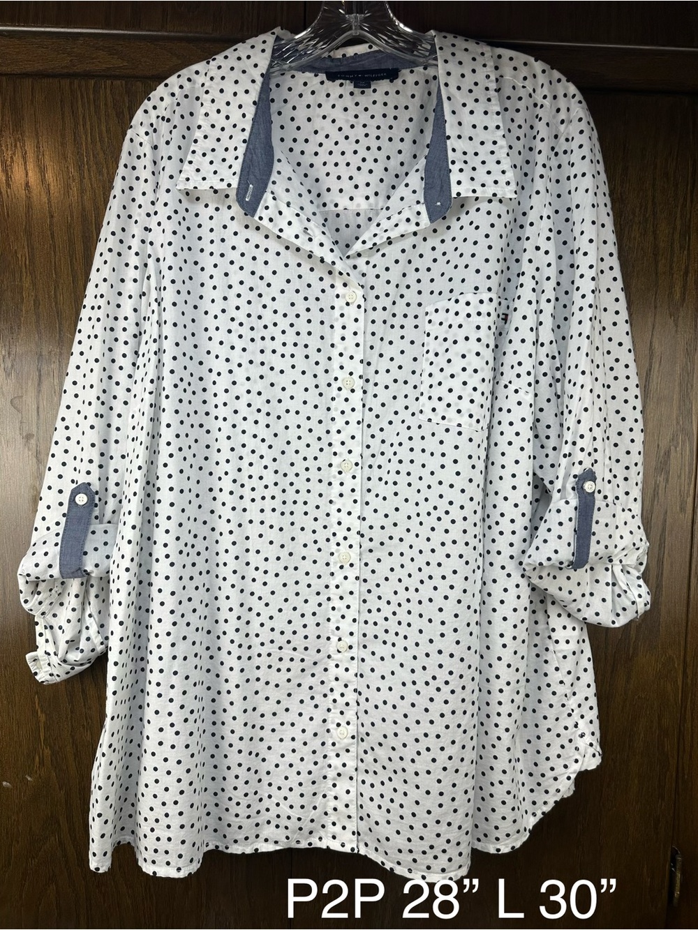 Tommy Hilfiger White Button-Down Blouse with Navy Polka Dots